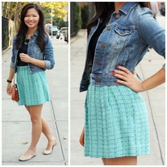 J. Crew Aqua Mint Tweed Shirred Flare Mini Skirt - Picture 5 of 12